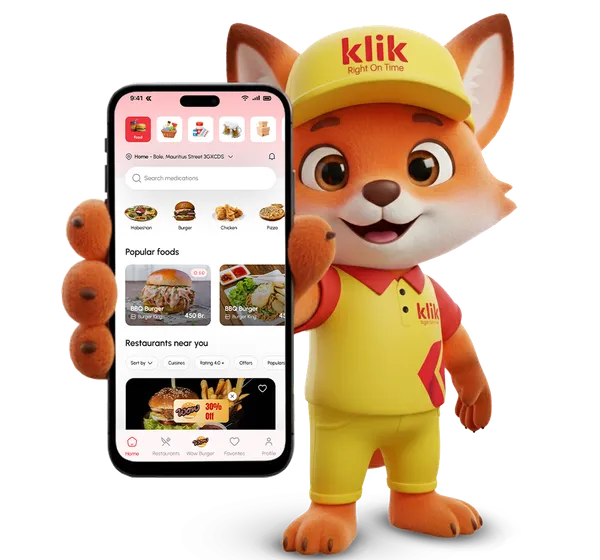 klik fox mascot holding a delivery bag