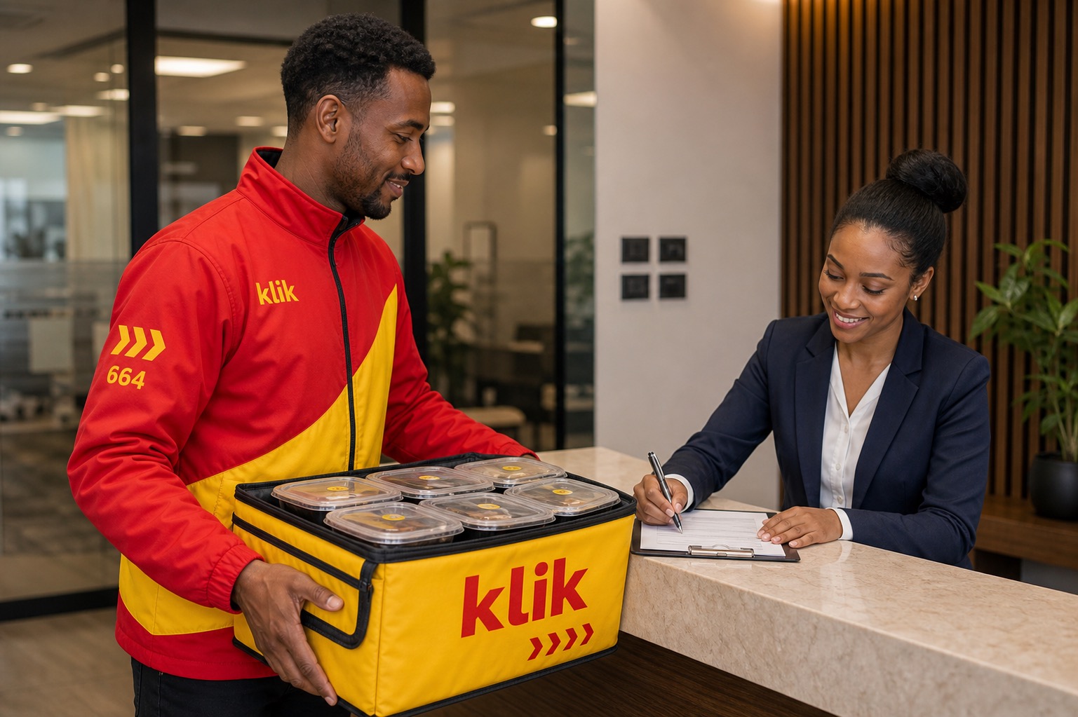 klik rider handing a sealed envelope to a professional in an Addis Ababa office lobby