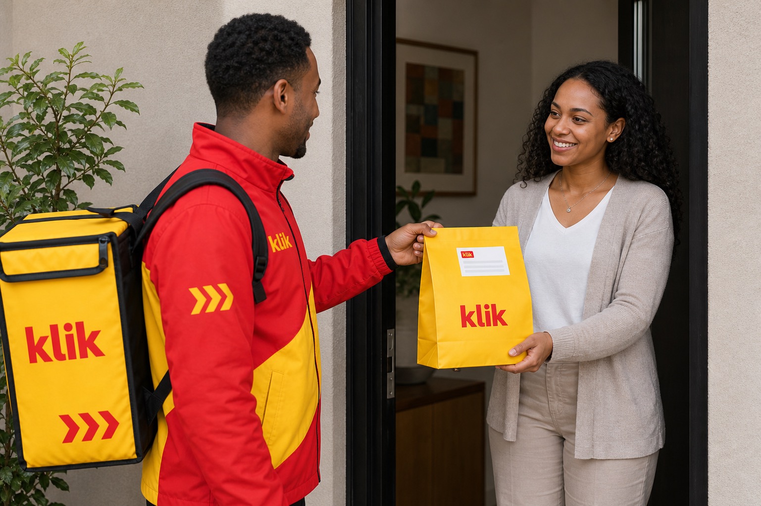 klik rider handing a sealed envelope to a professional in an Addis Ababa office lobby
