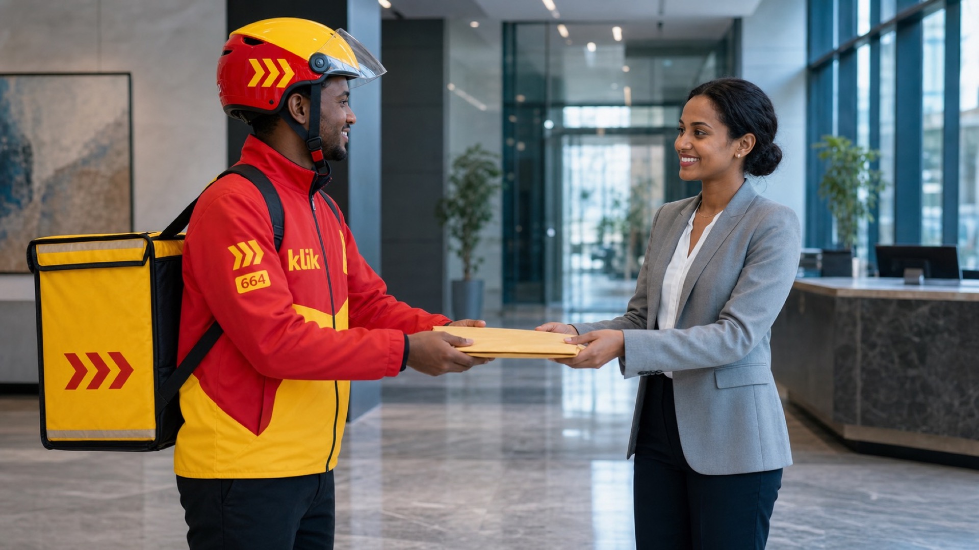 klik rider handing a sealed envelope to a professional in an Addis Ababa office lobby