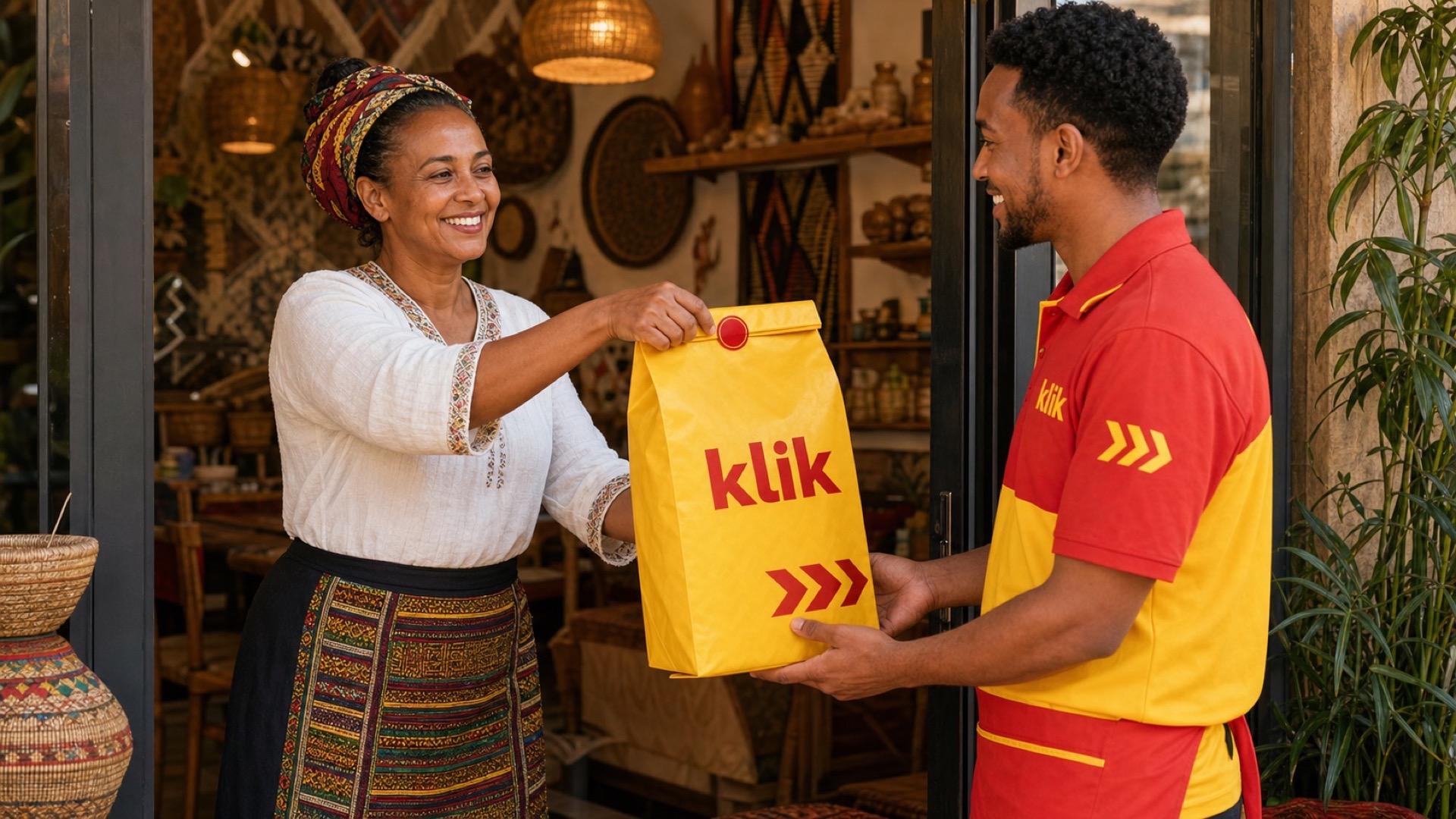 Addis Ababa merchant inside a partner business with the klik Partner app on the counter